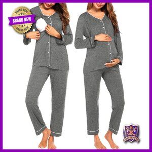 Maternity Nursing Pajama Set Long Sleeve Adjustable Pants Breastfeeding